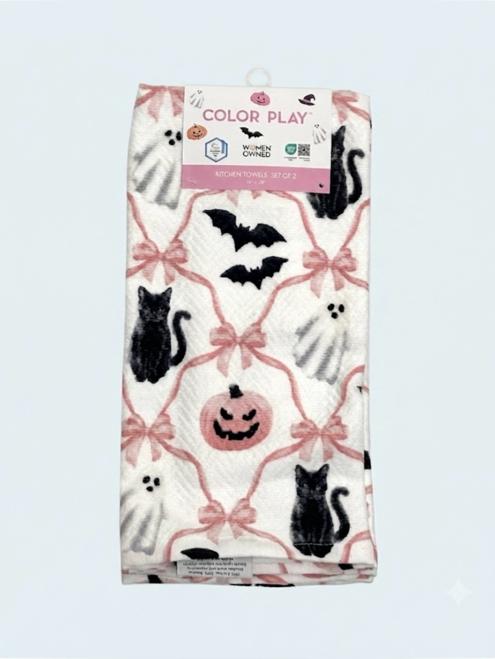 HALLOWEEN KITCHEN TOWELS SET OF 2 BAMBOO COTTON SPOOKY BATS CAT JACK O' LANTERN